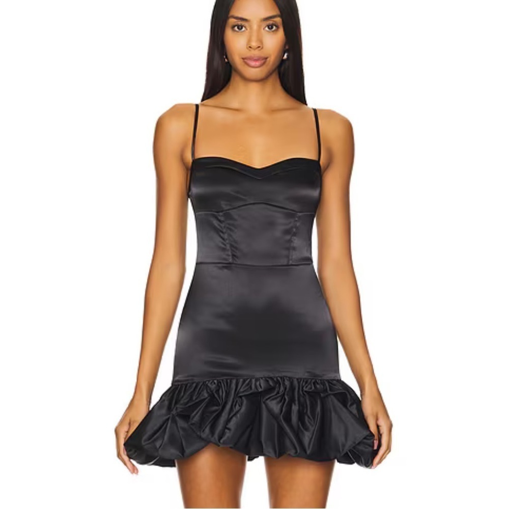 More To Come Sadie Mini Dress Black satin bubble hem party Revolve S